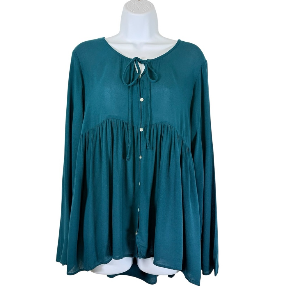 Great Northwest Indigo Teal Boho Peasant Blouse SzS Rayon Flowy Oversized Top